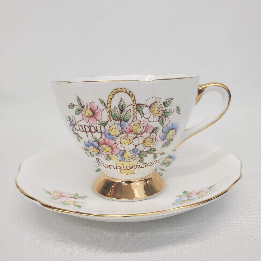 GLADSTONE BONE CHINA TEA CUP & SAUCER SET Happy Anniversary GOLD TRIM Floral